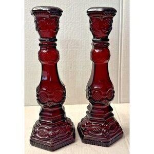 Pair Avon "1876 Cape Cod" Cranberry Ruby Red Glass Candlesticks Vintage 8.75"
